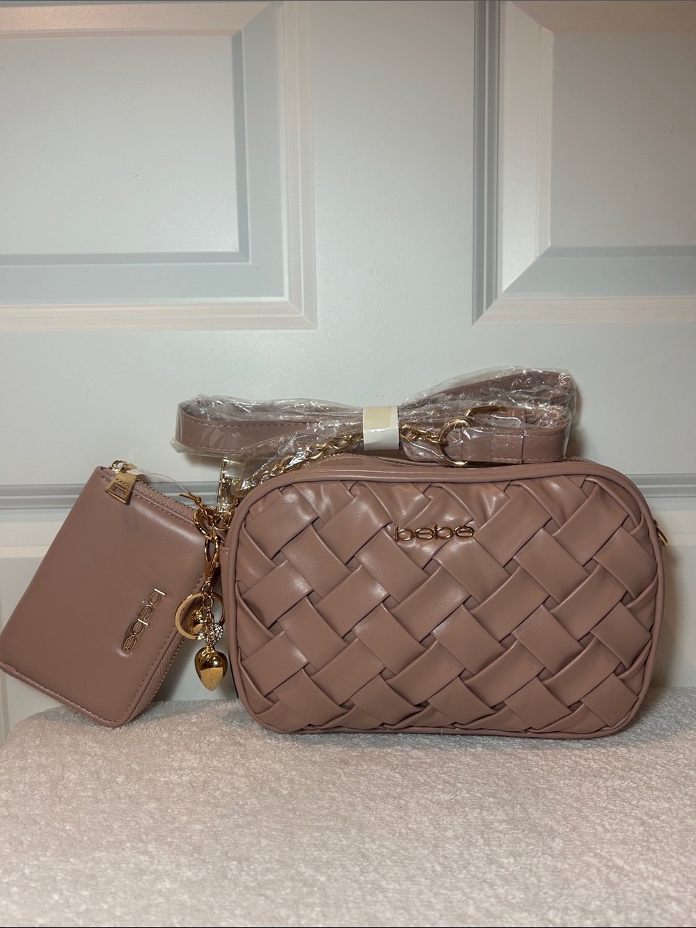 bebe Mauve Luca Camera Woven Crossbody with Matching Wallet